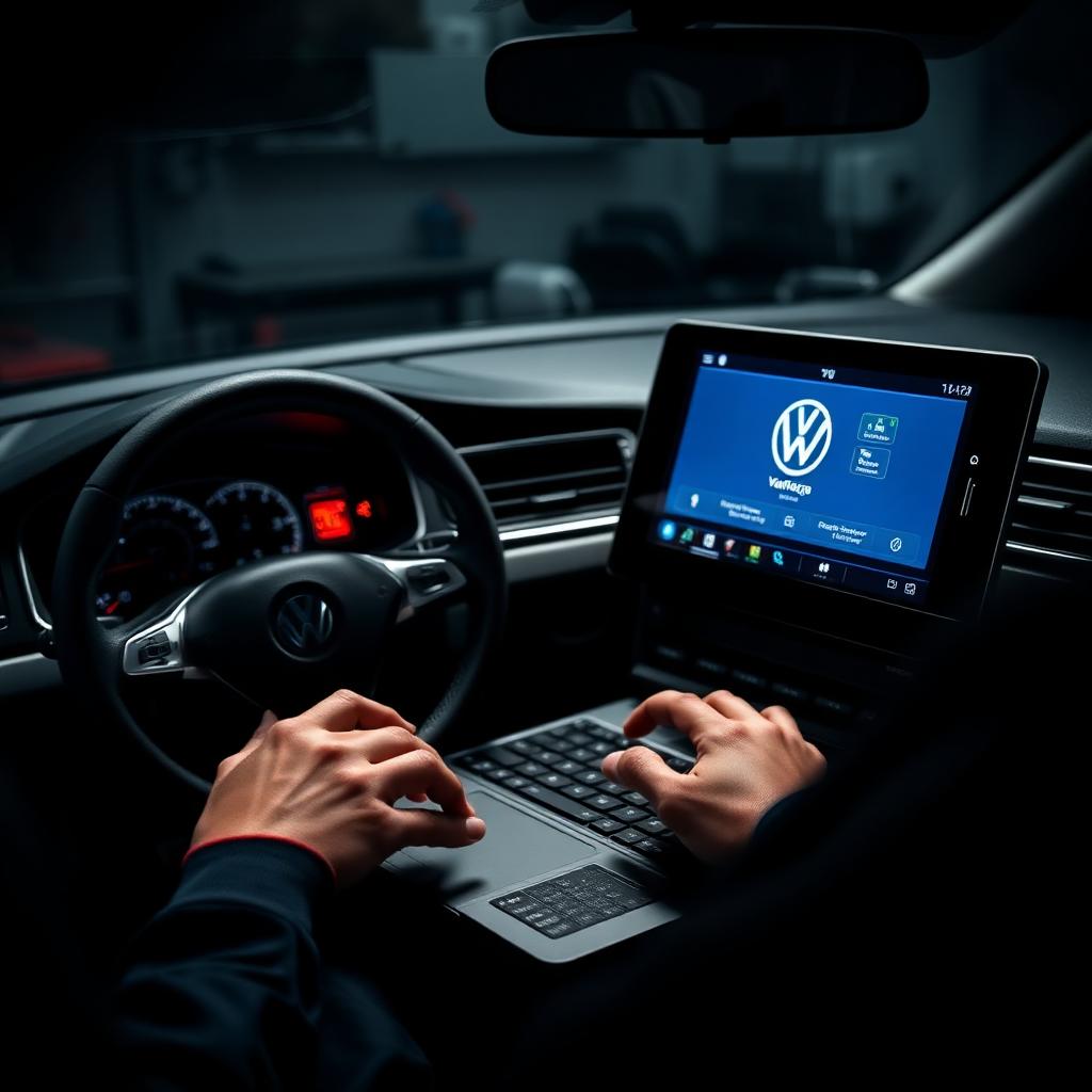 Specialist leest een Volkswagen uit met dealerdiagnoseapparatuur